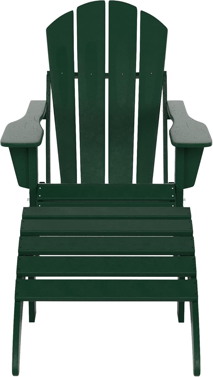 WestinTrends Malibu Outdoor Lounge Chair, 2-Pieces Adirondack Chair Set with Ottoman, All Weather Poly Lumber Patio Lawn Folding Chairs for Outside Pool Garden Backyard Beach, Dark Green