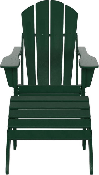 WestinTrends Malibu Outdoor Lounge Chair, 2-Pieces Adirondack Chair Set with Ottoman, All Weather Poly Lumber Patio Lawn Folding Chairs for Outside Pool Garden Backyard Beach, Dark Green
