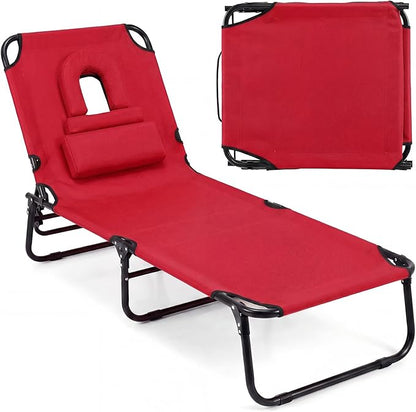Tangkula Beach Lounge Chair, Folding Sunbathing Recliner with Face Hole, Face Down Tanning Chair with 4-Level Adjustable Backrest & 3 Removable Pillows, Chaise Lounge Chair for Patio (1, Red)