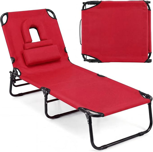 Tangkula Beach Lounge Chair, Folding Sunbathing Recliner with Face Hole, Face Down Tanning Chair with 4-Level Adjustable Backrest & 3 Removable Pillows, Chaise Lounge Chair for Patio (1, Red)