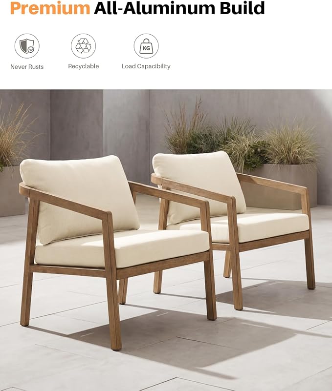 Teak Patio Sofa Chairs Set of 2, Never-Rust Aluminum Outdoor Armchair with Removable Cushions, All Weather 2 Pieces Outdoor Club Chairs, Outdoor Sofa Chairs for Garden, Porch, Balcony | Never-Rust, Wraparound Design, Wood-Grain Texture, All Weather, Re...