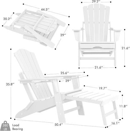 Folding Adirondack Chair with Retractable Ottoman,All Weather Fire Pit Chairs with Cup Holder,Outdoor Chair with Ottoman,White