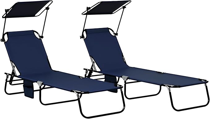 Outsunny Folding Chaise Lounge Pool Lounge Chairs Set of 2, Outdoor Sun Tanning Chairs with Canopy Shade, Reclining Back, Steel Frame and Side Pocket for Beach, Yard, Patio, Dark Blue