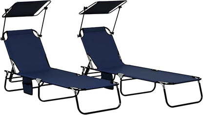 Outsunny Folding Chaise Lounge Pool Lounge Chairs Set of 2, Outdoor Sun Tanning Chairs with Canopy Shade, Reclining Back, Steel Frame and Side Pocket for Beach, Yard, Patio, Dark Blue