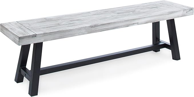 roomfitters Outdoor Dining Bench, Acacia Wood with Black Rustic Metal Finish Frame, Durable Bench for Garden, Porch, and Backyard, Light Grey