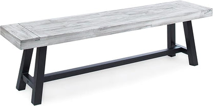roomfitters Outdoor Dining Bench, Acacia Wood with Black Rustic Metal Finish Frame, Durable Bench for Garden, Porch, and Backyard, Light Grey