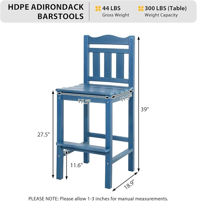 Sundale Outdoor Tall Adirondack Bar Chair Set of 2, HDPE Patio Stools with Backrest, 27.5 Inch Seat Height Tall Bistro Dining Counter Stool, All-Weather Pub Height Chair (Blue, 6 Bar Stools)