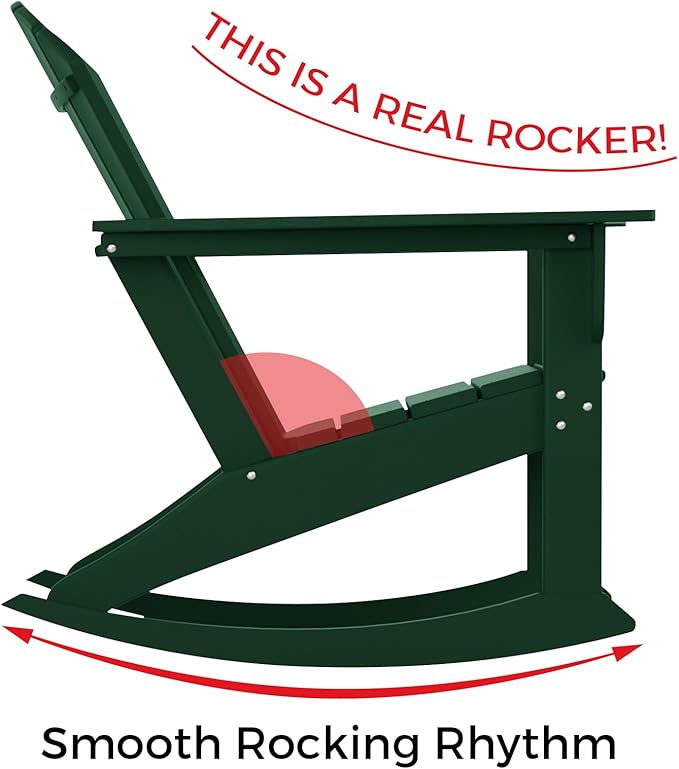 Costaelm Outdoor Adirondack Chair, All Weather Resistant Lawn Chairs Balcony Chair and Fire Pit Chairs, Deck Chairs Outdoor Porch Rocking Chair High Back HDPE Poly Lumber, Dark Green