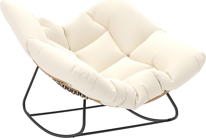 Outsunny Papasan Rocking Chair, Wicker Oversized Indoor Outdoor Rocking Chair with Cushion, PE Rattan Padded Outdoor Rocker Egg Chairs for Living Room, Garden, Patio, Balcony, Beige