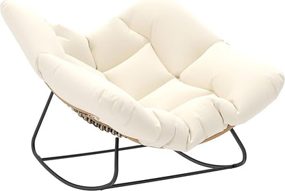 Outsunny Papasan Rocking Chair, Wicker Oversized Indoor Outdoor Rocking Chair with Cushion, PE Rattan Padded Outdoor Rocker Egg Chairs for Living Room, Garden, Patio, Balcony, Beige