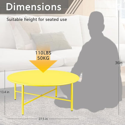 Patio Round Steel Patio Coffee Table, Weather Resistant Anti-Rust and Waterproof Indoor and Outdoor Large Side Table, for Garden Living Room Bedroom Balcony（Yellow）