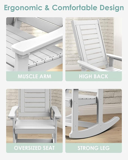 IVY&LANE Outdoor Rocking Chairs Set of 4 | Porch-Rockers | White | HDPE Plastic | All-Weather | High Back | Wide Seat | Oversized Patio Rocker for Adult | for Outside Deck Balcony Garden