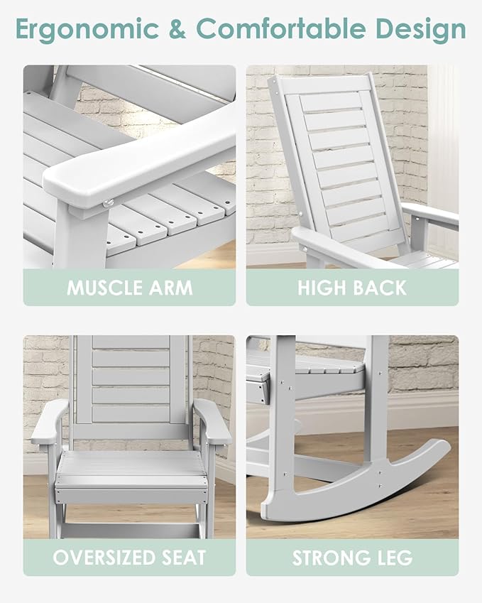 IVY&LANE Rocking-Chair-Outdoor | Porch-Rocker | White | HDPE Plastic | All-Weather | High Back | Wide Seat | Oversized Patio Rocker for Adult | for Outside Deck Balcony Garden