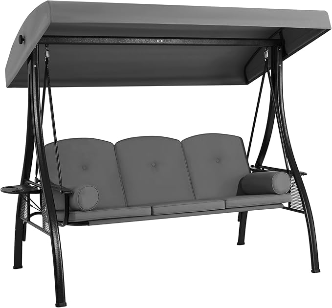 HOMREST 3 Seat Outdoor Porch Swing with 1.5" Deepened Cup Holder, Adjustable Canopy, Patio Swing Bed with Stand - Photo 1