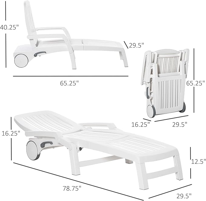 Outsunny Outdoor Chaise Lounge Chair on Wheels with Storage Box, Waterproof Lounger with Quick Assembly, Folding Design, 5 Level Adjustable Backrest for Pool, Beach, Patio, Garden, White