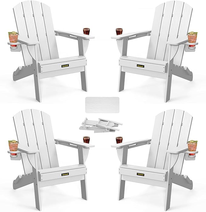 Folding Adirondack Chair Set of 4, Wooden Textured Plastic Adirondack Chairs with 2 Cup Holder, Weather Resistant HDPE Fire Pit Chair, Outdoor Patio Chairs for Garden, Backyard, Lawn, Deck, White