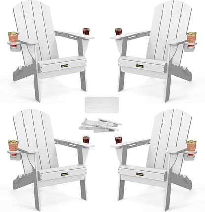 Folding Adirondack Chair Set of 4, Wooden Textured Plastic Adirondack Chairs with 2 Cup Holder, Weather Resistant HDPE Fire Pit Chair, Outdoor Patio Chairs for Garden, Backyard, Lawn, Deck, White