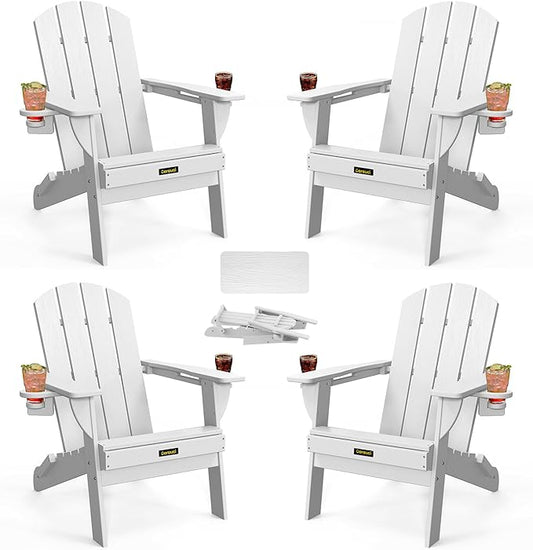 Folding Adirondack Chair Set of 4, Wooden Textured Plastic Adirondack Chairs with 2 Cup Holder, Weather Resistant HDPE Fire Pit Chair, Outdoor Patio Chairs for Garden, Backyard, Lawn, Deck, White