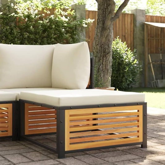 Garden Stool Cream White Solid Acacia Wood with Powder-Coated Steel Frame and Removable Cushion, Modern Outdoor Footrest Seat for Balcony Patio