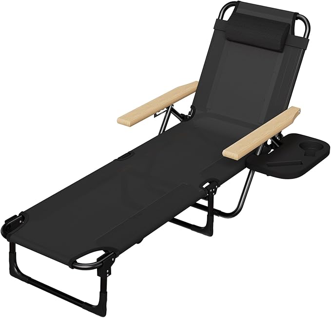 Foldable Chaise Lounge Chair Outdoor, 4-Position Reclining Outdoor Lounge Chairs with Wooden Armrest - Photo 7