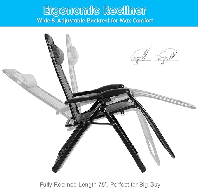 Goplus Oversized Zero Gravity Chair, XL-Extended Version, Outdoor Recliner w/Cup Holder & Detachable Headrest - Photo 6