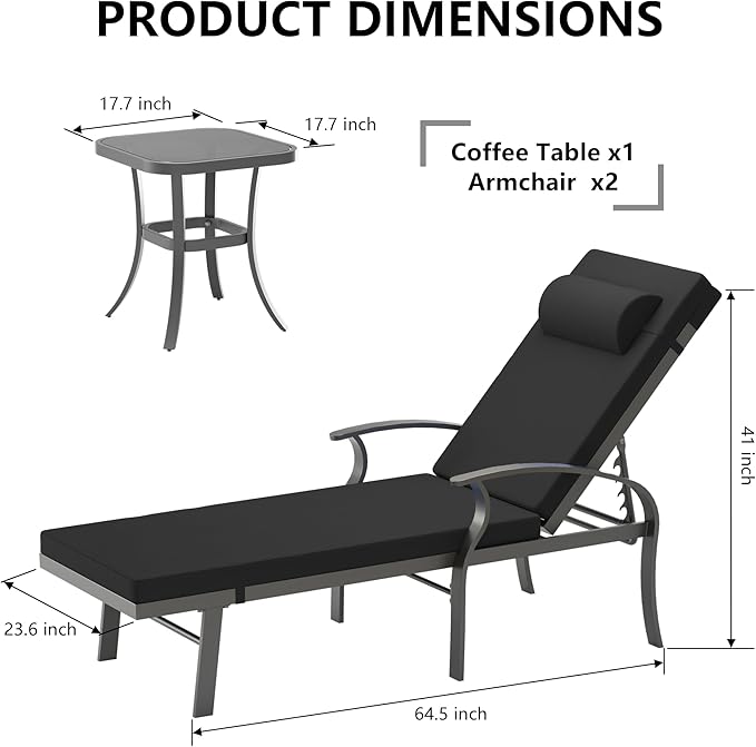ALAULM Aluminum Pool Lounge Chair Set 3 Pieces,Outdoor Chaise Lounge with Adjustable 6 Position Backrest &Side Table Sunbathing Recliners for Poolside Beach,Black