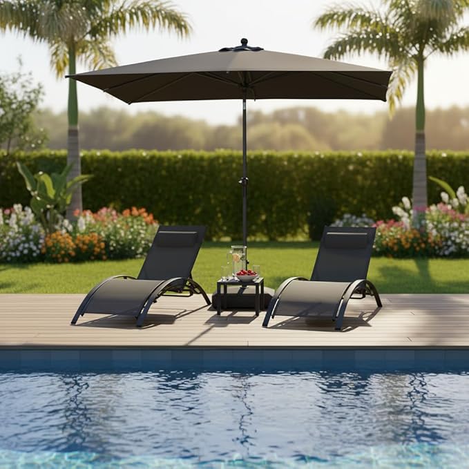 PURPLE LEAF Patio Chaise Lounge with 10' x 6.5' Tilt Umbrella Outdoor Lounge Chair Beach Pool Sunbathing Lawn Lounger, Base and Side Table Included, Grey
