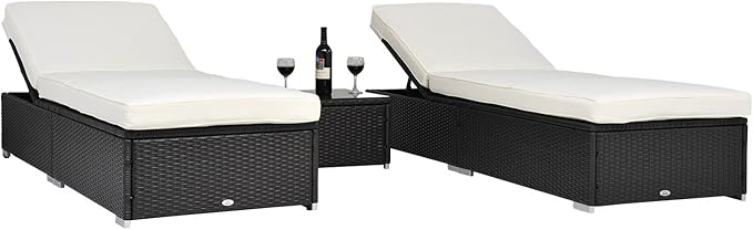 Outsunny Chaise Lounge Chair Set of 2 with 5 Angle Backrest, Outdoor Coffee Table, Water Repellent Cushions, PE Rattan Wicker Poolside Chairs, 3-Piece Pool Furniture Set, Dark Brown/Cream White