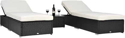 Outsunny Chaise Lounge Chair Set of 2 with 5 Angle Backrest, Outdoor Coffee Table, Water Repellent Cushions, PE Rattan Wicker Poolside Chairs, 3-Piece Pool Furniture Set, Dark Brown/Cream White