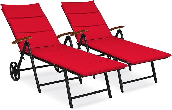 Tangkula Foldable Outdoor Chaise Lounger, Wicker Lounger Chair with Aluminum Black Frame, Wheels for Easy Moving, 7-Position Adjustable Cushioned Rattan Chaise for Poolside, Garden, Balcony and Patio