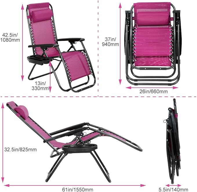 Zero Gravity Chair Patio Chair Lounge Chair Chaise Set of 2 Outdoor Folding Adjustable Recliner Chair with Cup Holder Tray and Pillows for Patio, Pool, Beach, Lawn, Deck, Yard - Red