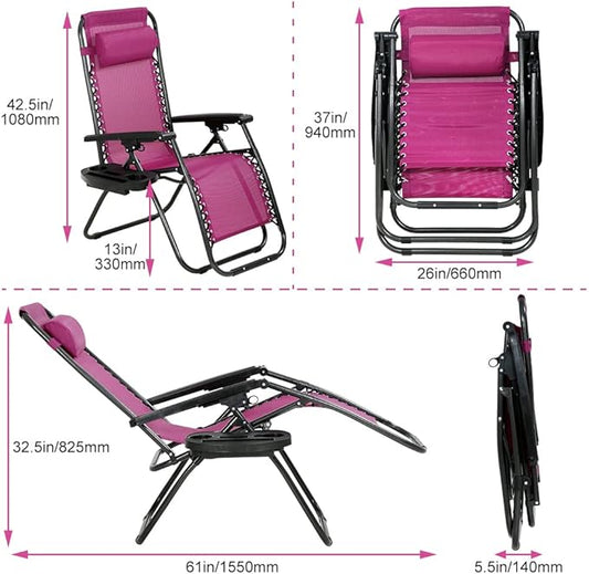 Zero Gravity Chair Patio Chair Lounge Chair Chaise Set of 2 Outdoor Folding Adjustable Recliner Chair with Cup Holder Tray and Pillows for Patio, Pool, Beach, Lawn, Deck, Yard - Red