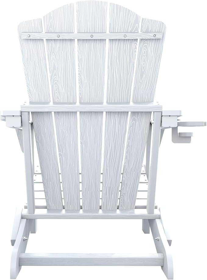 Folding Adirondack Chair Set of 4,HDPE All-Weather Outdoor Chair with Cup Holder,Wooden Textured,Fire Pit Chair,Plastic Patio Chair for Deck,Backyard,Garden,Lawn(White)