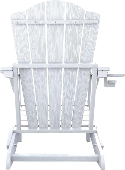 Folding Adirondack Chair Set of 2,HDPE All-Weather Outdoor Chair with Cup Holder,Wooden Textured,Fire Pit Chair,Plastic Patio Chair for Deck,Backyard,Garden,Lawn(White)