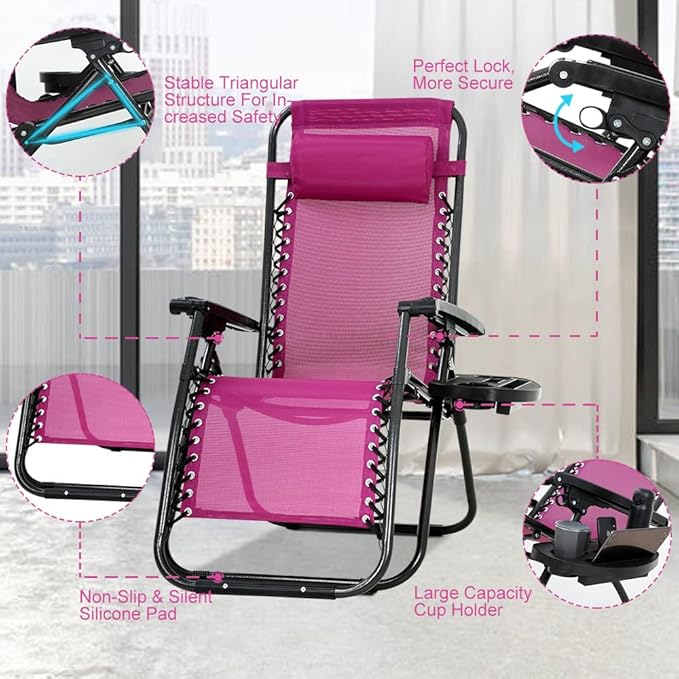Zero Gravity Chair Patio Chair Lounge Chair Chaise Set of 2 Outdoor Folding Adjustable Recliner Chair with Cup Holder Tray and Pillows for Patio, Pool, Beach, Lawn, Deck, Yard - Red
