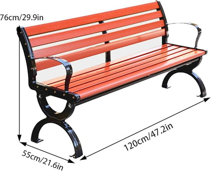 Garden Bench, Outdoor Metal Bench, Bench Park with Armrests and Backrests, Wooden Bench Patio for Garden, Porch, Yard, Slatted Seat(120cm/47.2in)