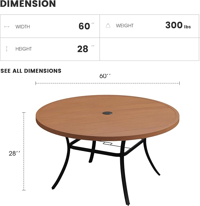 Patio Dining Table for 8-10, Round Metal Outdoor Table with 1.57" Umbrella Hole - Photo 2