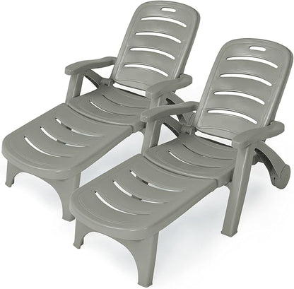Tangkula Outdoor Chaise Lounge Chair, Adjustable 5-Position Recliner Chair with Built-in Wheels, Weather-Resistance Folding Lounge for Patio, Backyard, Poolside and Beach (2, Grey)