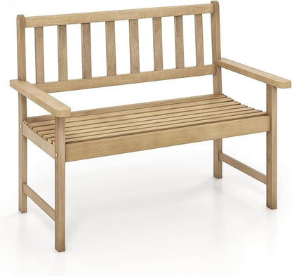 Tangkula Outdoor Teak Wood Garden Bench, 2-Person Patio Bench with Backrest and Armrests, Patio Garden Bench with Slatted Seat for Porch, Lawn, Balcony and Backyard