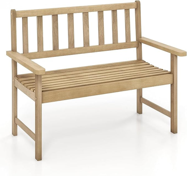 Tangkula Outdoor Teak Wood Garden Bench, 2-Person Patio Bench with Backrest and Armrests, Patio Garden Bench with Slatted Seat for Porch, Lawn, Balcony and Backyard