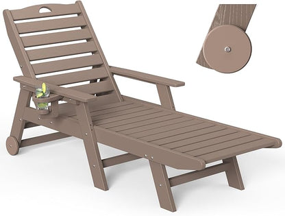 nalone HDPE Chaise Lounge Chair Outdoor with Wheels & Cup Holder, Pool Lounge Chairs with 5-Position Adjustable Backrest, Supports Up to 400 LBS for Patio Poolside Deck Beach Backyard(Grey Brown)