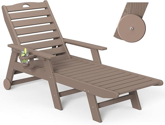 nalone HDPE Chaise Lounge Chair Outdoor with Wheels & Cup Holder, Pool Lounge Chairs with 5-Position Adjustable Backrest, Supports Up to 400 LBS for Patio Poolside Deck Beach Backyard(Grey Brown)