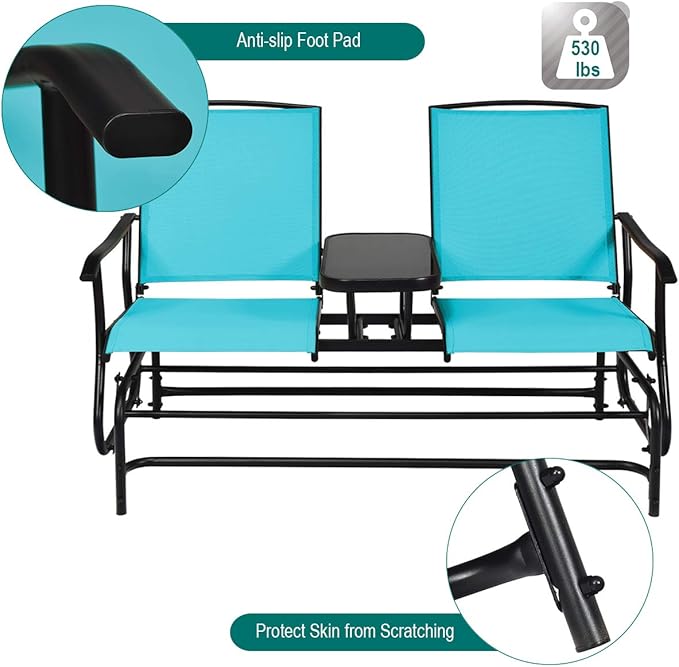 Giantex Patio Bench Glider Chair with Metal Frame, Center Tempered Glass Table - Photo 7