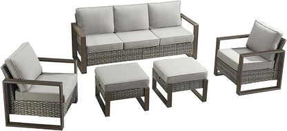 Rilyson Outdoor Wicker Patio Furniture Set - 5 Piece Patio Conversation Set with 2 Wicker Armrest Chairs,2 Rattan Ottoman and 1 Couch,Sturdy Frame,Thick Cushions,Deep Seating(Mixed Grey/Grey)