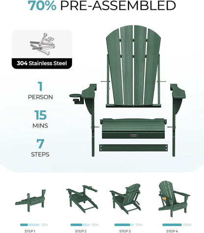 Ciokea Folding Adirondack Chair Wood Texture, Patio Adirondack Chair Weather Resistant, Plastic Fire Pit Chair with Cup Holder, Lawn Chair for Outdoor Porch Garden Backyard Deck (Green)