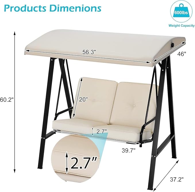 AECOJOY 2-Seat Outdoor Patio Swing Chair with Cover, Porch Swings Chairs for Adult - Photo 3