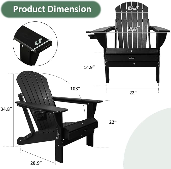 HDPE Folding Adirondack Chair Set of 2 with Cup Holder, 380lbs Modern Adirondack Chair Weather Resistant, Outdoor Patio Chair for Fire Pit, Garden,Backyard,Porch,Pool,Deck,Black