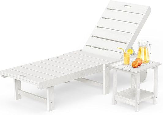 Outdoor Chaise Lounge Chairs with Table, 2-Piece, 26.8” Super Wide Lounge Chair Outdoor, HDPS Pool Chairs with 5 Positions, Patio Lounge Chair with Wheels for Pool,Lawn,Backyard, White
