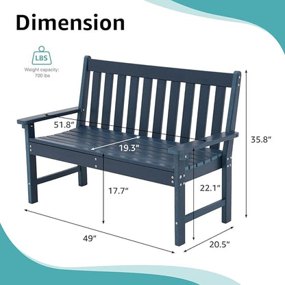 COBANA Outdoor Garden Bench, All Weather HDPE Patio Porch Bench with Faux Wood Grain Pattern, 2-Person Seat for Lawn, Park, Backyard, Entryway, Navy Blue