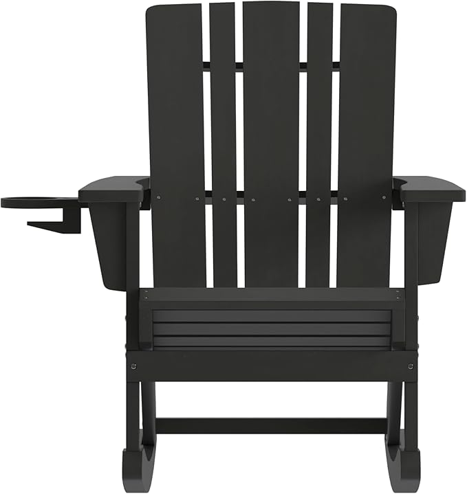 Flash Furniture Halifax Adirondack Rocking Chair with Cup Holder, Weather Resistant Poly Resin Adirondack Rocking Chair, Black